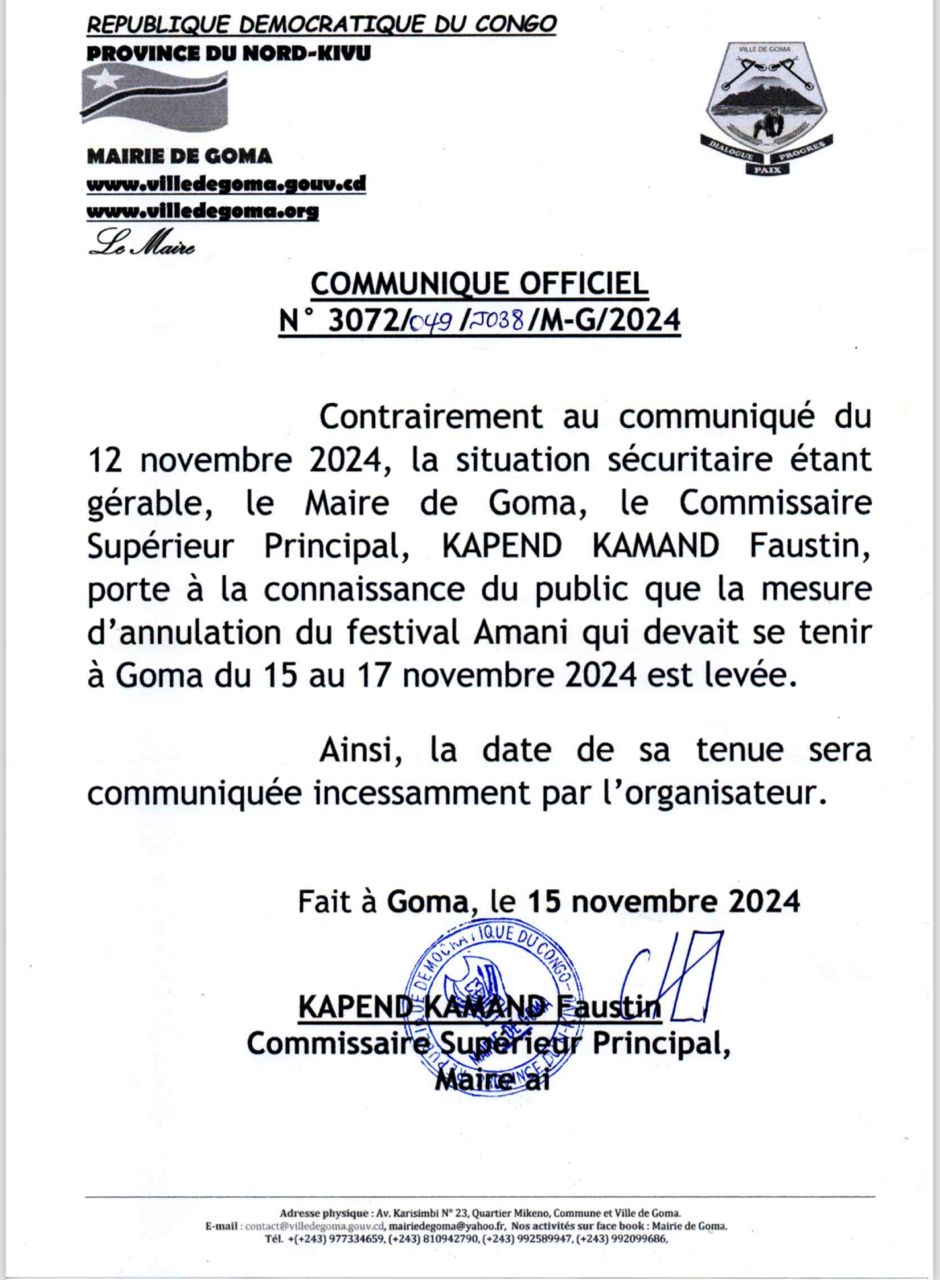 RDC/Goma: Festival Amani, annulation, puis annulation de l’annulation par le maire, les mélomanes dénoncent un tâtonnement dangereux.