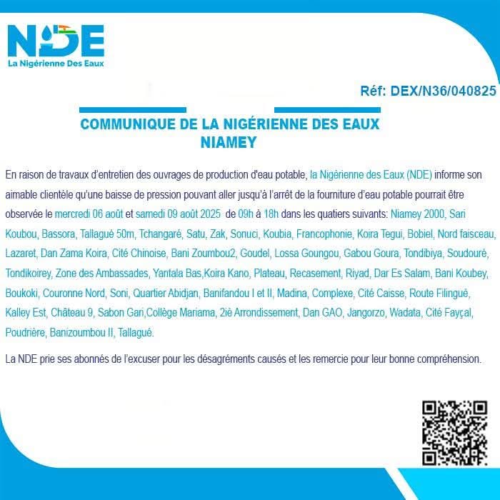 Travaux sur le Réseau : Coupures d’Eau Annoncées dans Plusieurs Quartiers de Niamey